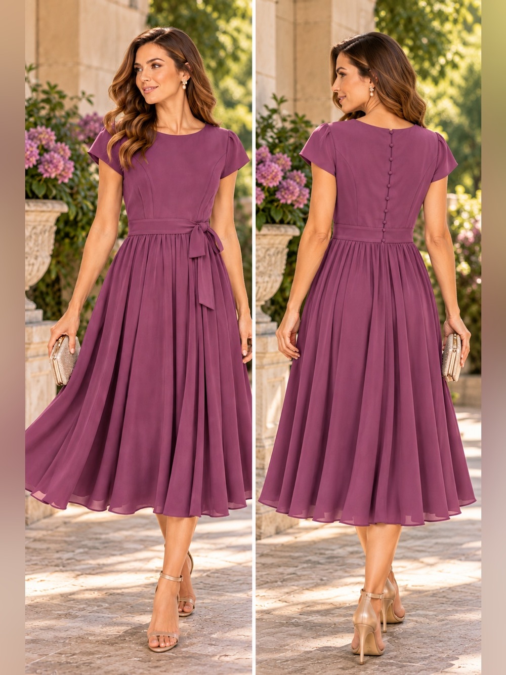 IZILADY Purple Cap Sleeve Tie Waist Fit & Flare Dress Button Back Soft Romantic